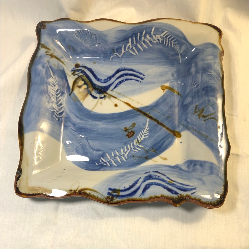 Ocean themed glazed ceramic plate/tray 11”x11”.  Shades of blue with white